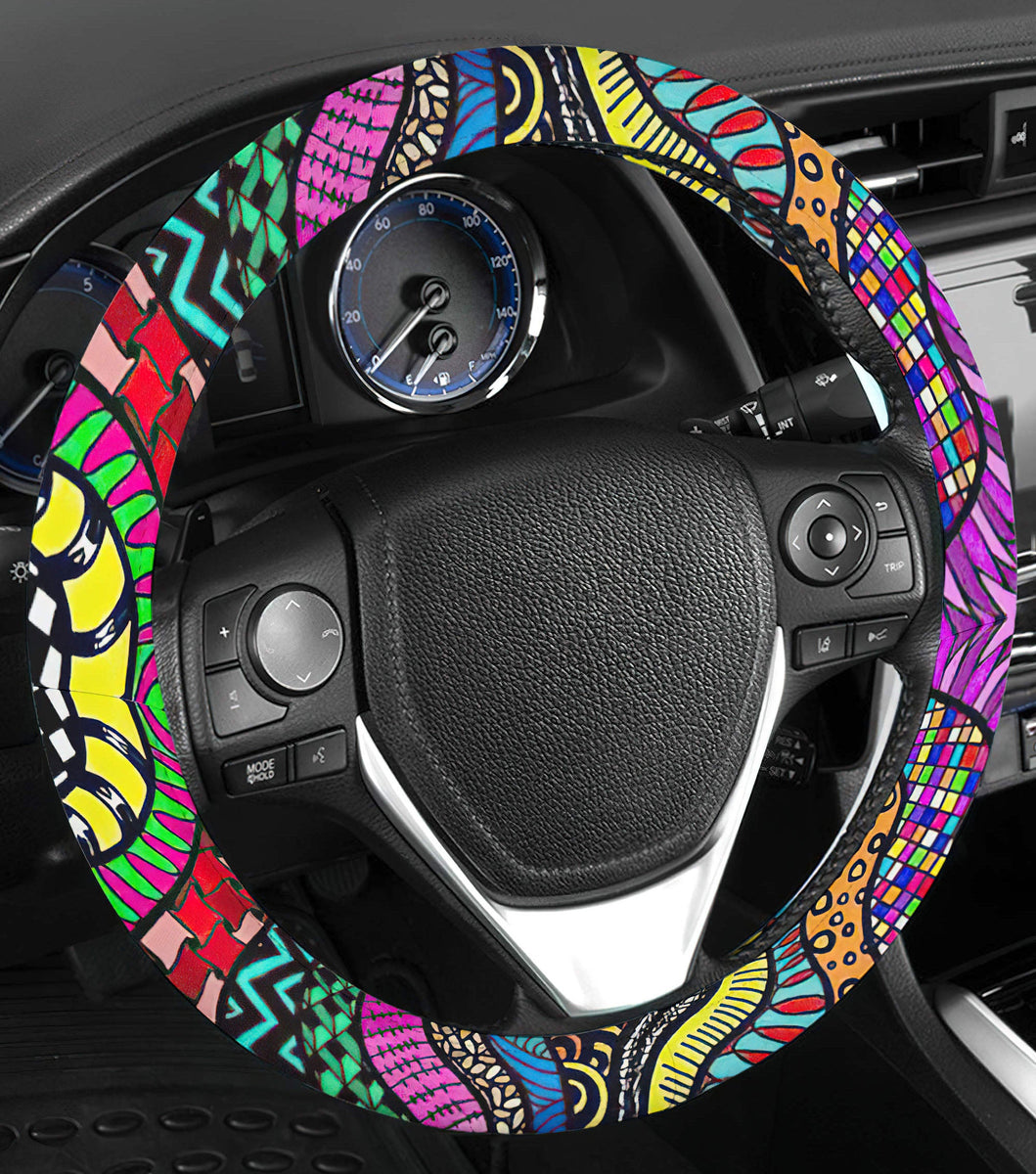 BDK Hippie Boho Style Steering Wheel Cover – Anti-Slip, Colorful Pattern, Universal Fit