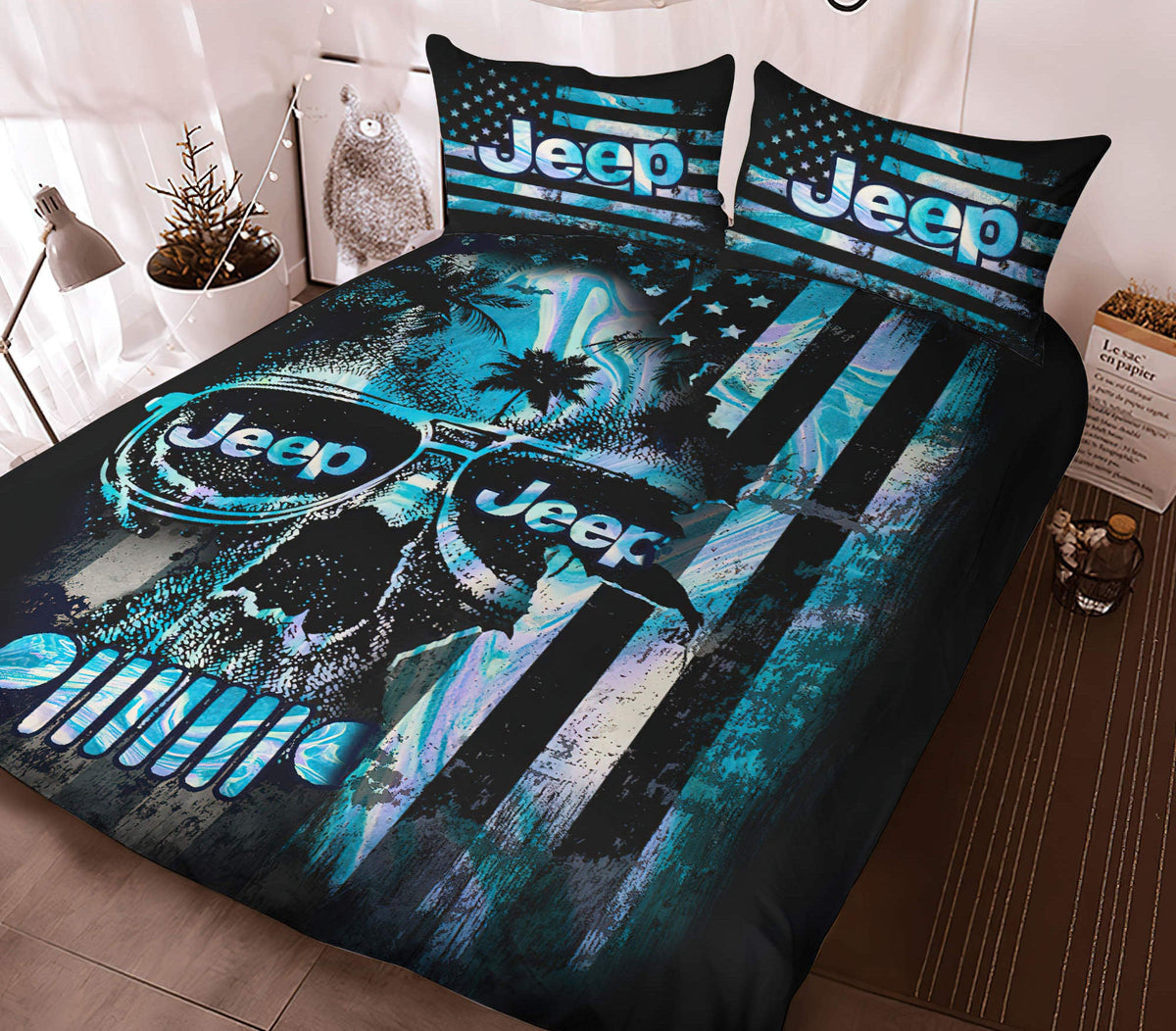 Jeep Skull Hologram Flag Bedding Set Aljaira