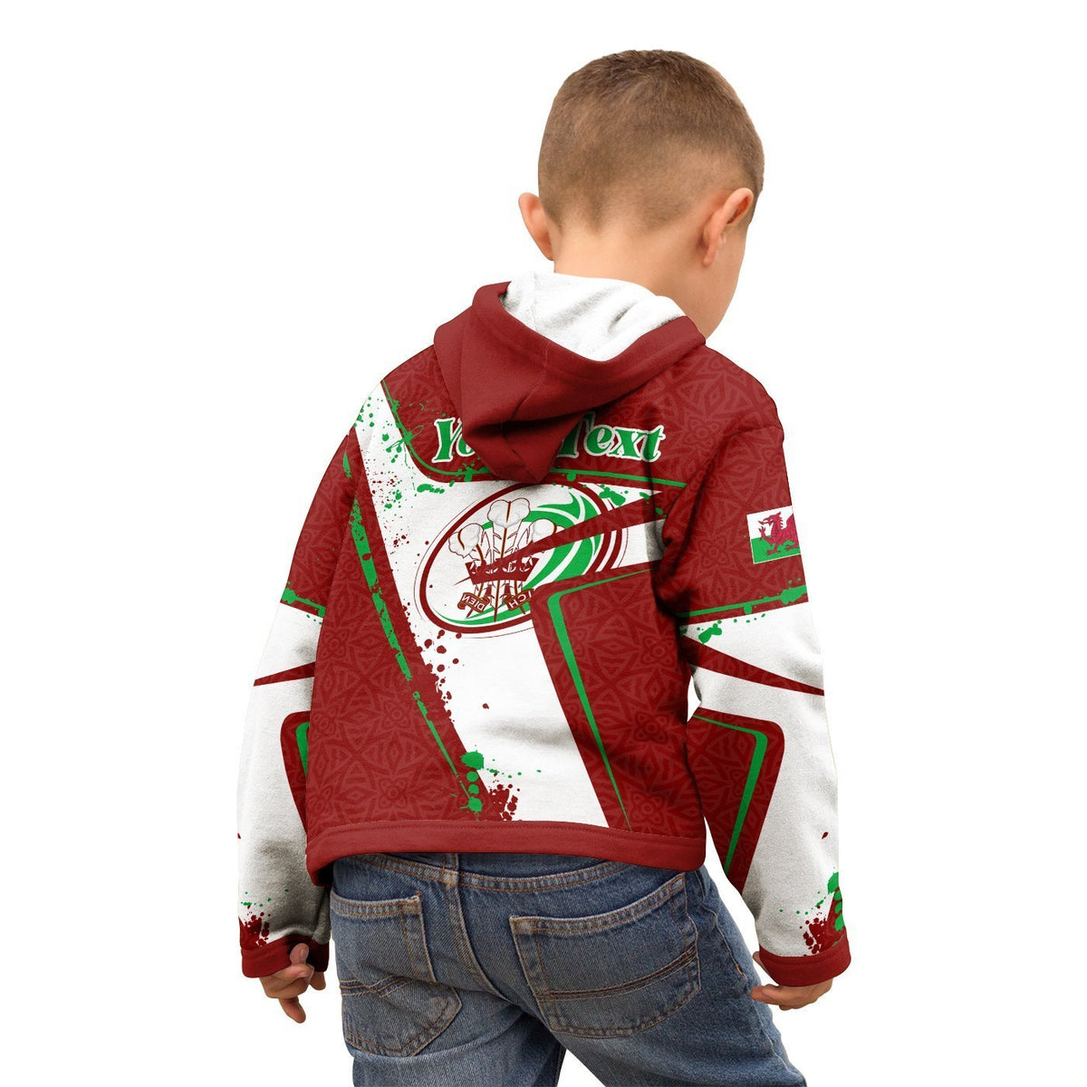 Personalised Wales Flag Badge Hoodie – Welsh Cymru Rugby Gift Idea For Unisex Kids