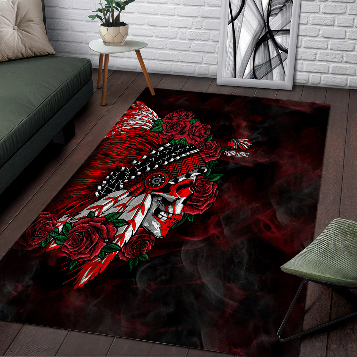 personalised-native-american-chief-skull-area-rug-rose-skull