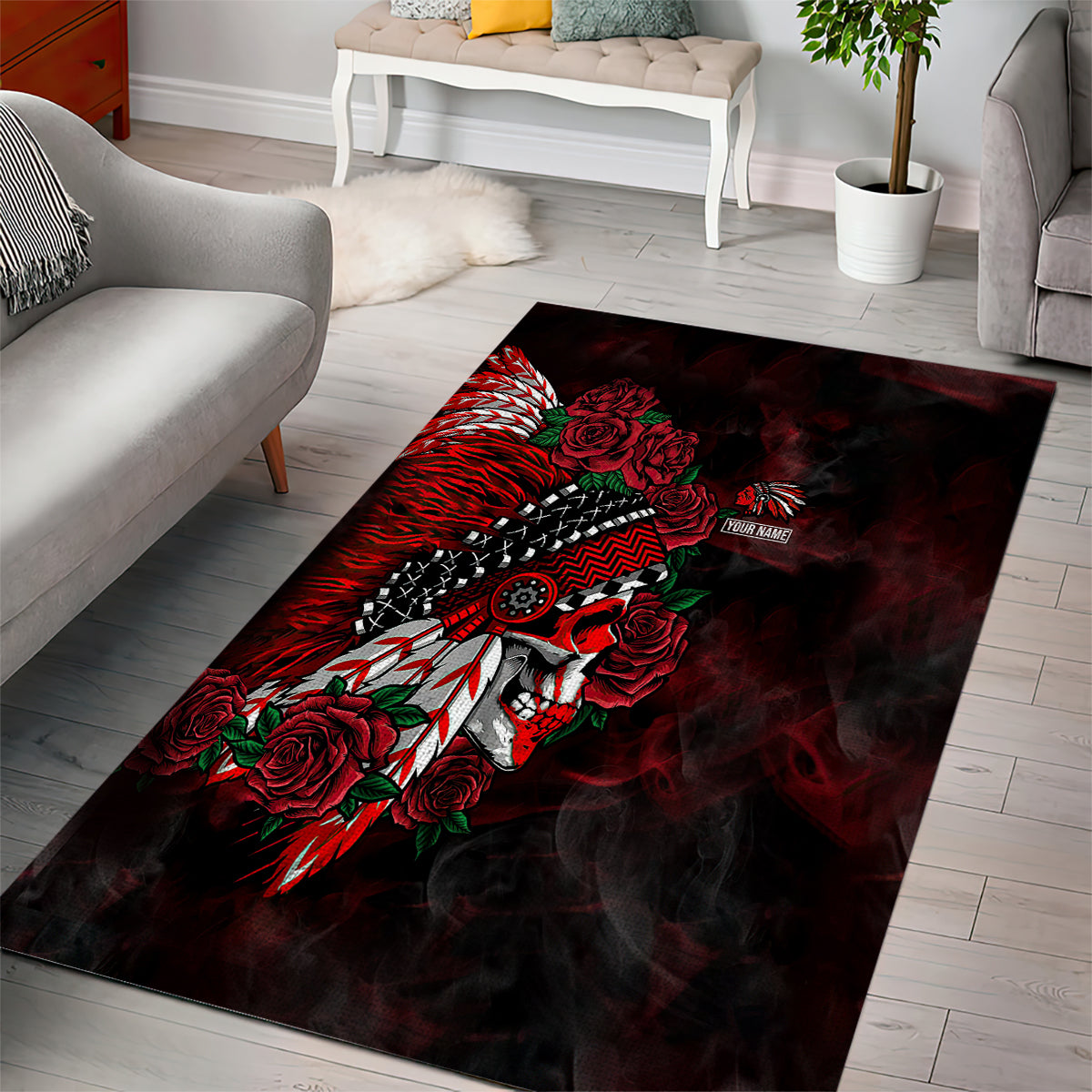 personalised-native-american-chief-skull-area-rug-rose-skull