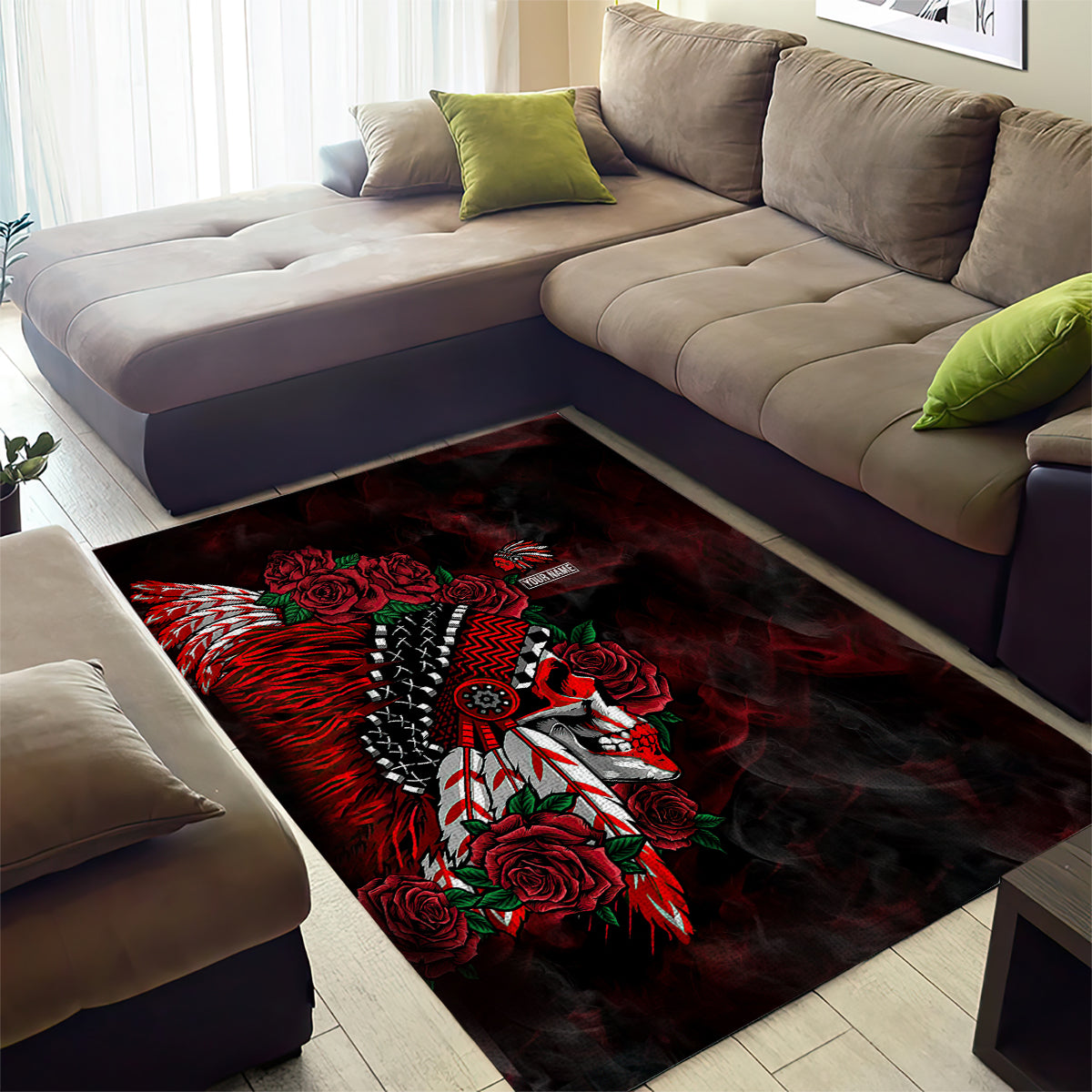 personalised-native-american-chief-skull-area-rug-rose-skull