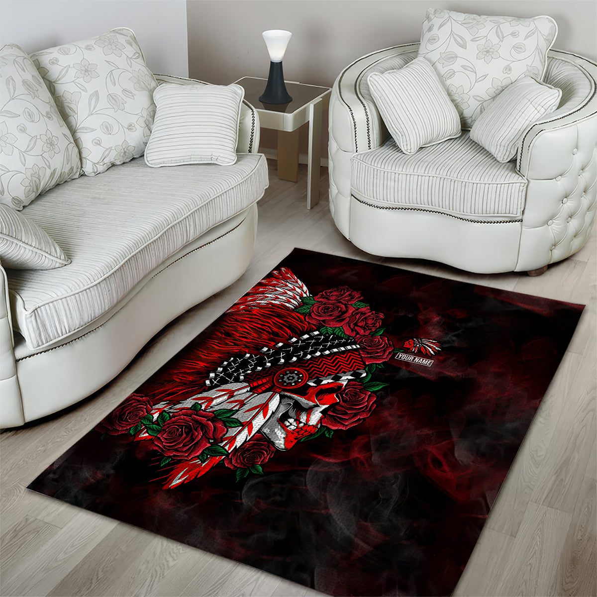 personalised-native-american-chief-skull-area-rug-rose-skull