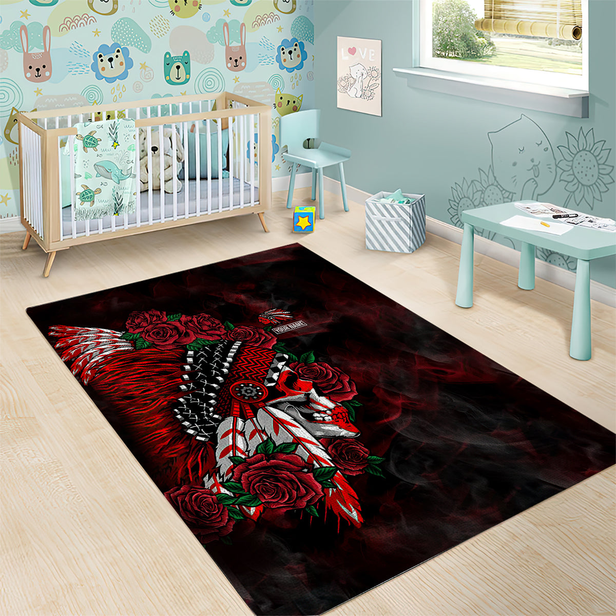 personalised-native-american-chief-skull-area-rug-rose-skull
