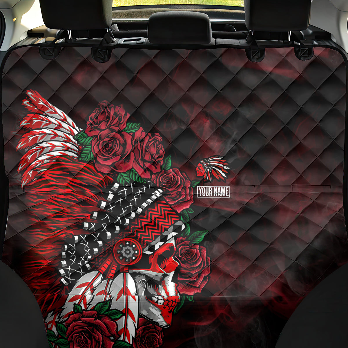 personalised-native-american-chief-skull-back-car-seat-cover-rose-skull