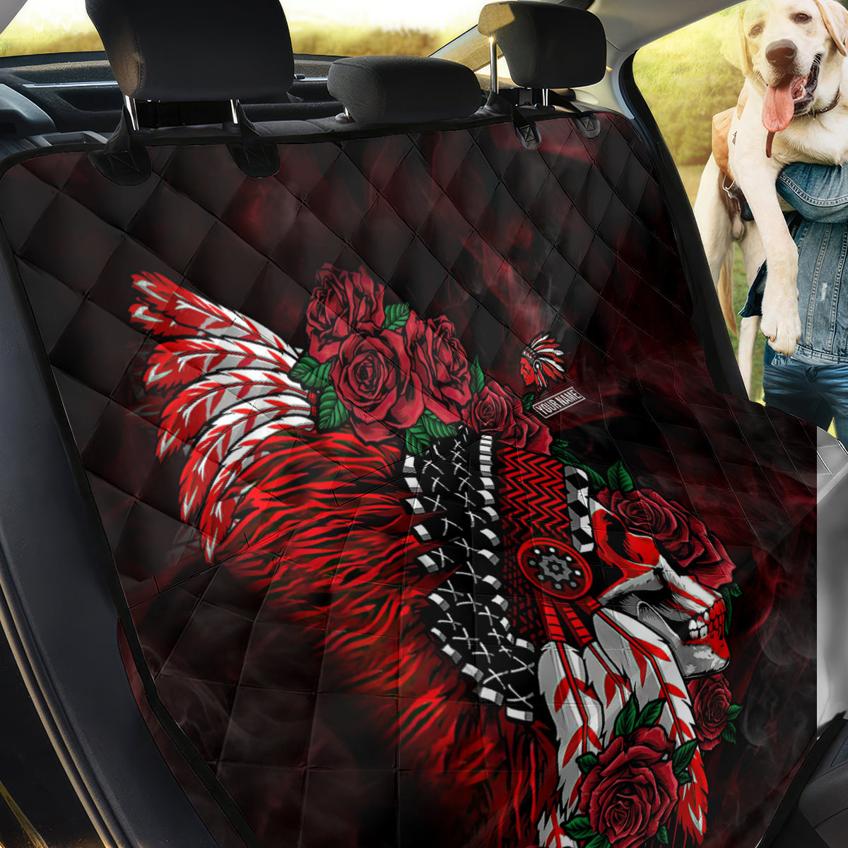 personalised-native-american-chief-skull-back-car-seat-cover-rose-skull