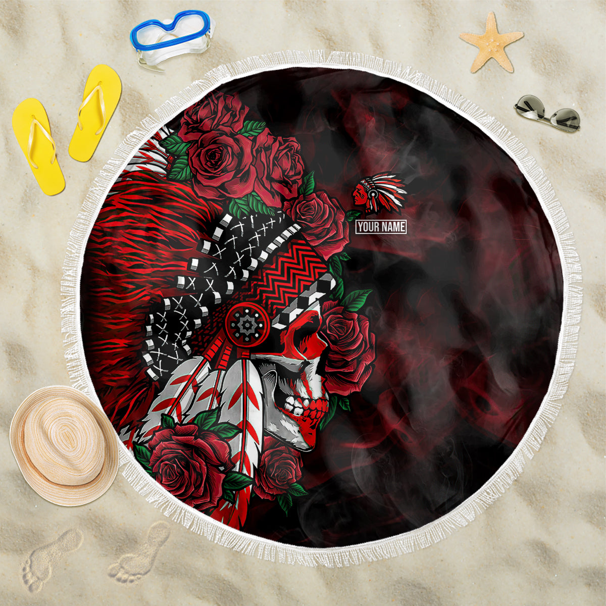 personalised-native-american-chief-skull-beach-blanket-rose-skull