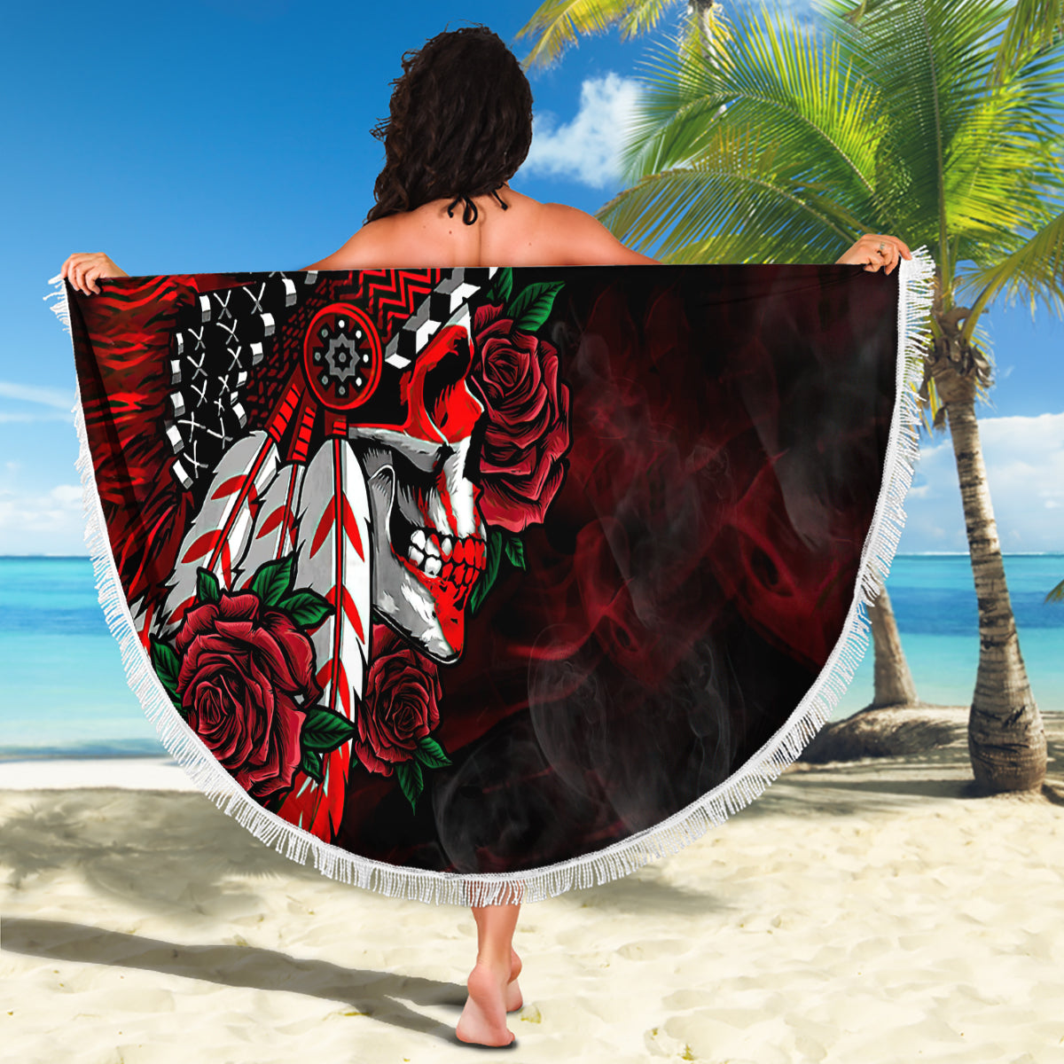 personalised-native-american-chief-skull-beach-blanket-rose-skull