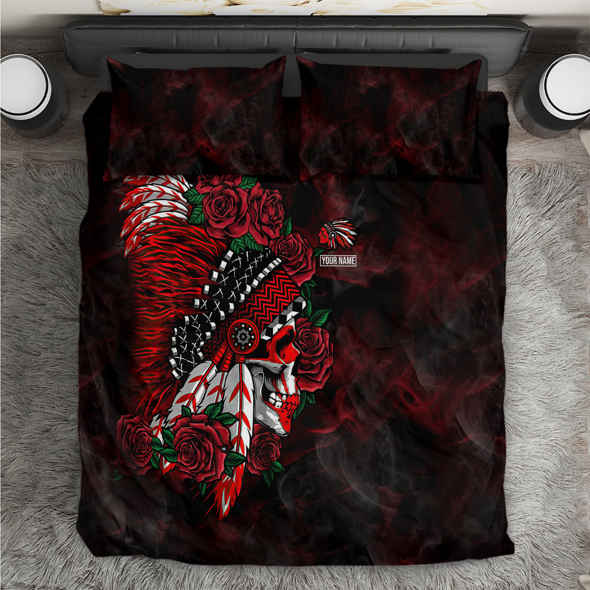 personalised-native-american-chief-skull-bedding-set-rose-skull
