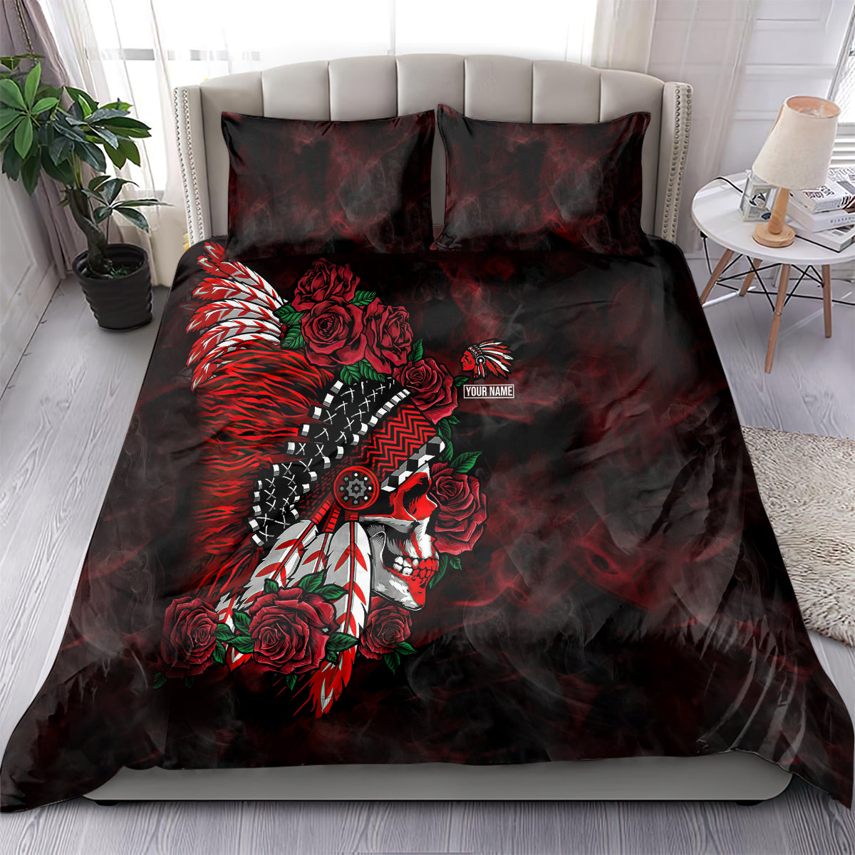 personalised-native-american-chief-skull-bedding-set-rose-skull
