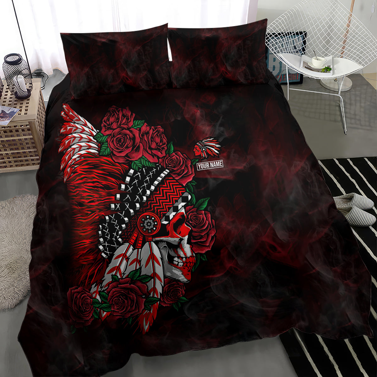 personalised-native-american-chief-skull-bedding-set-rose-skull