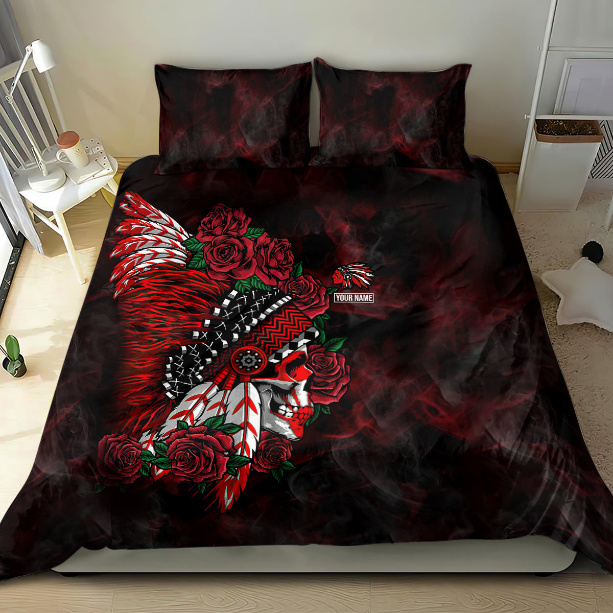 personalised-native-american-chief-skull-bedding-set-rose-skull