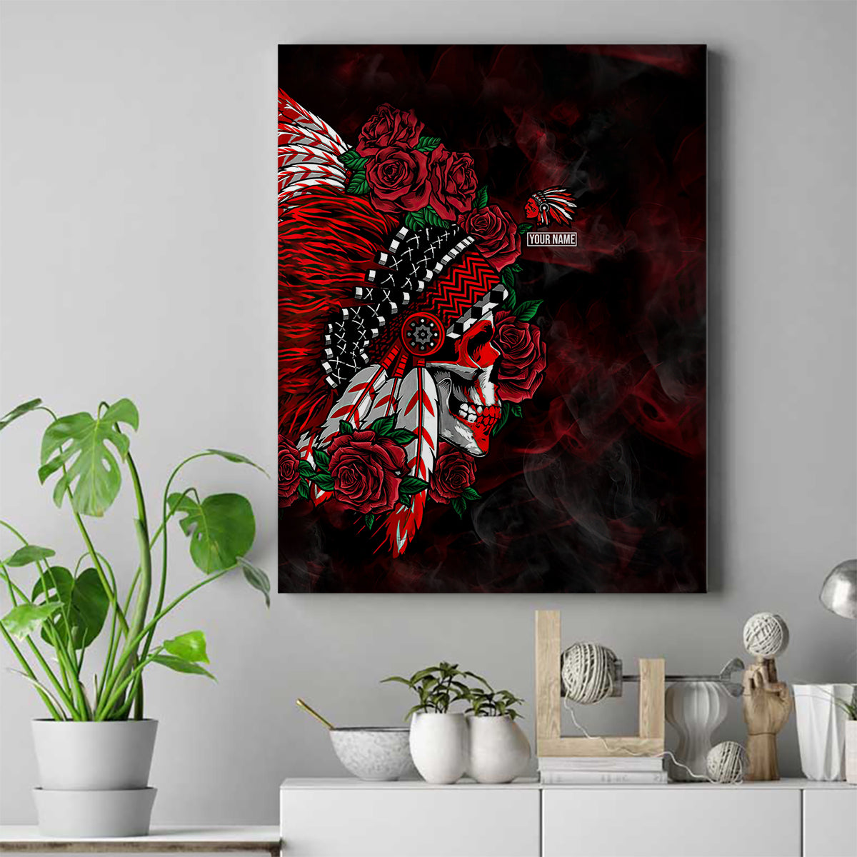 personalised-native-american-chief-skull-canvas-wall-art-rose-skull