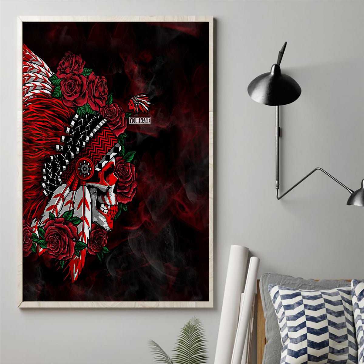 personalised-native-american-chief-skull-canvas-wall-art-rose-skull