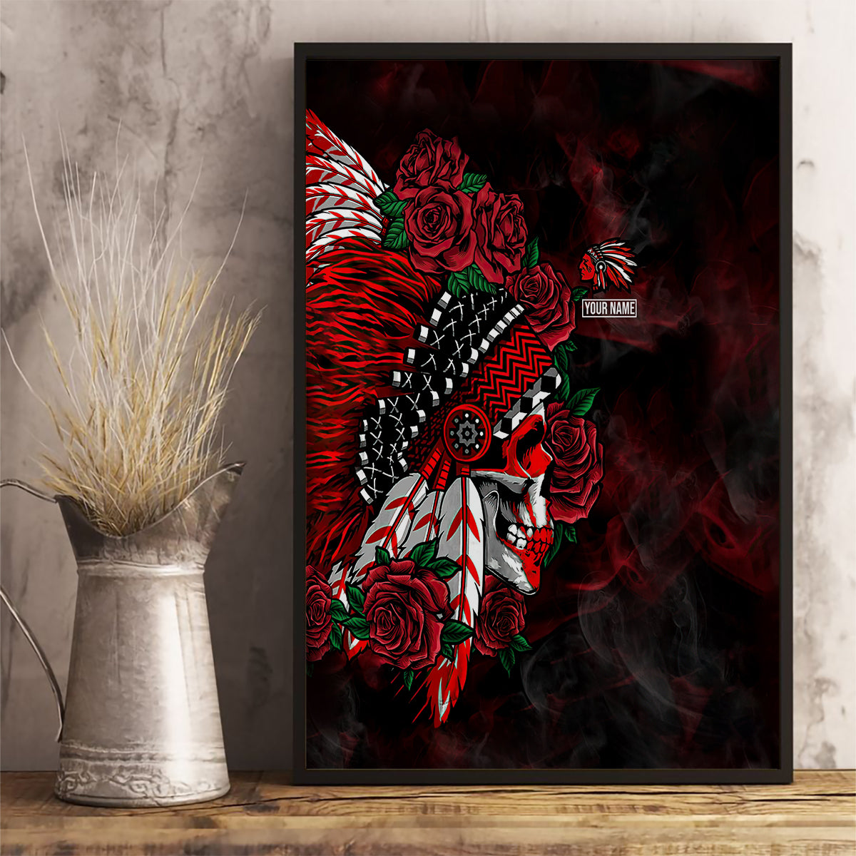 personalised-native-american-chief-skull-canvas-wall-art-rose-skull