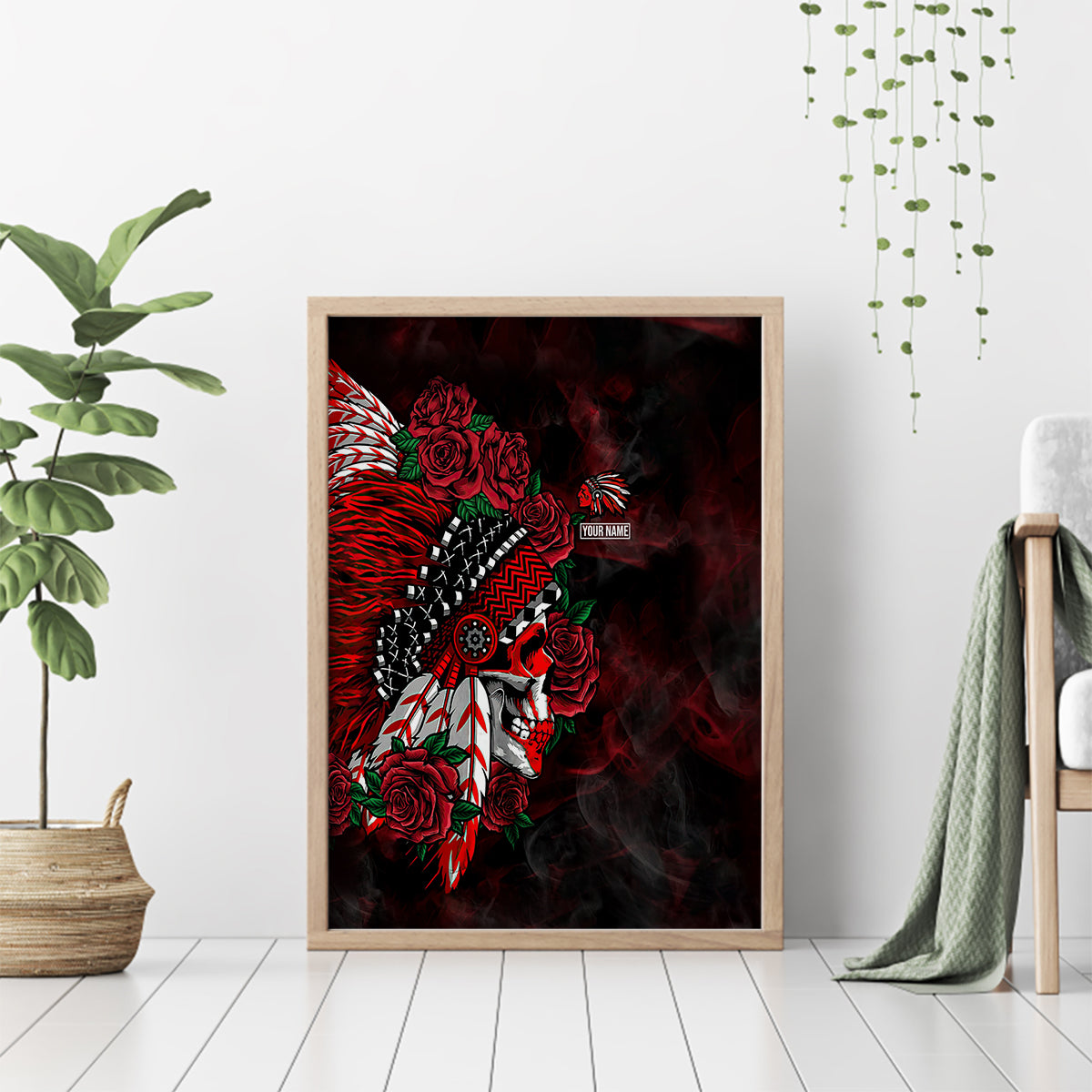 personalised-native-american-chief-skull-canvas-wall-art-rose-skull
