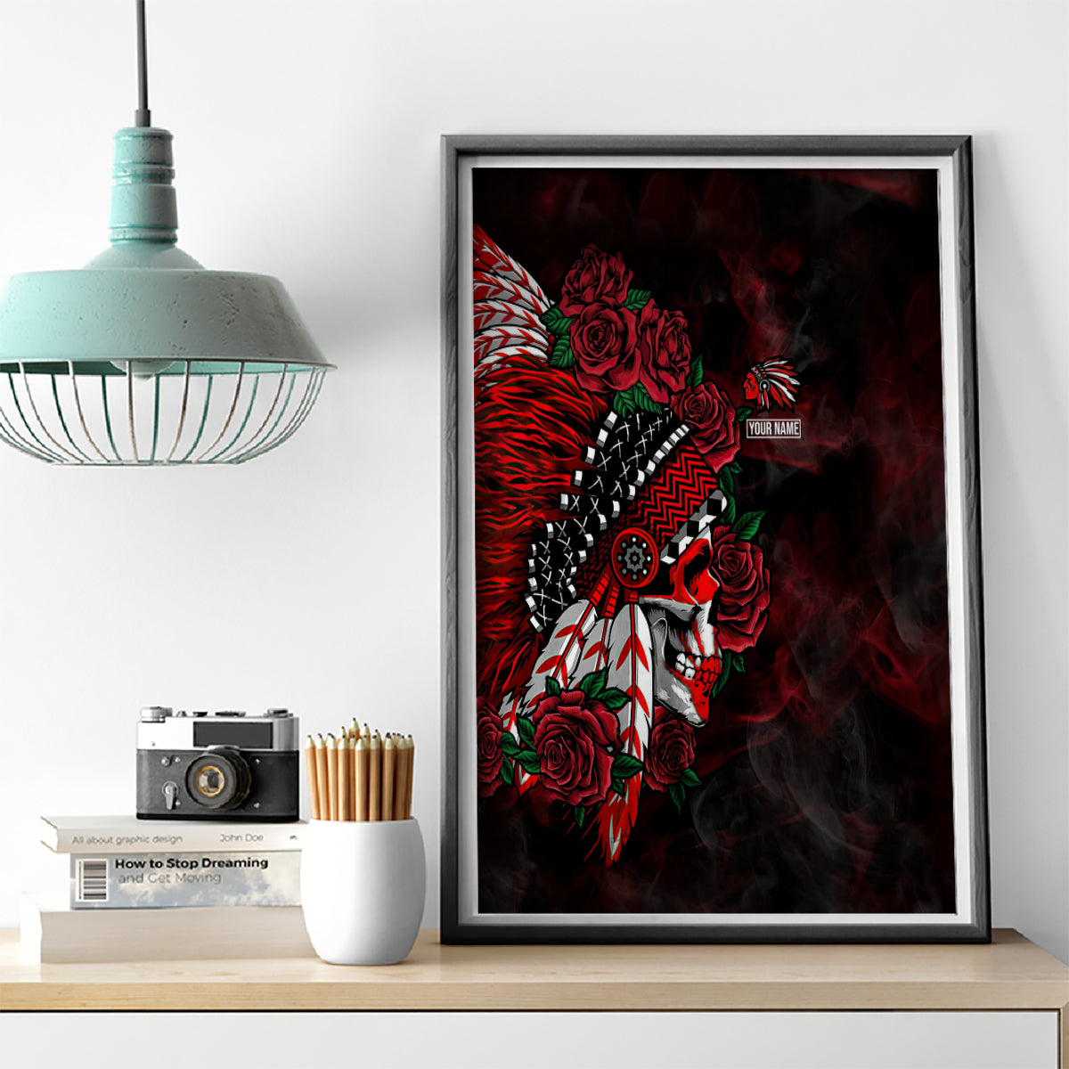 personalised-native-american-chief-skull-canvas-wall-art-rose-skull