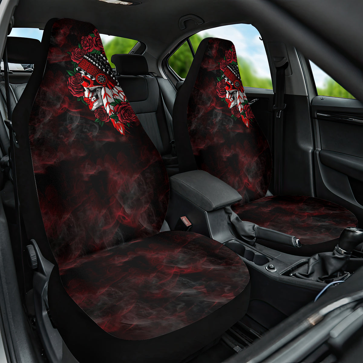 personalised-native-american-chief-skull-car-seat-cover-rose-skull