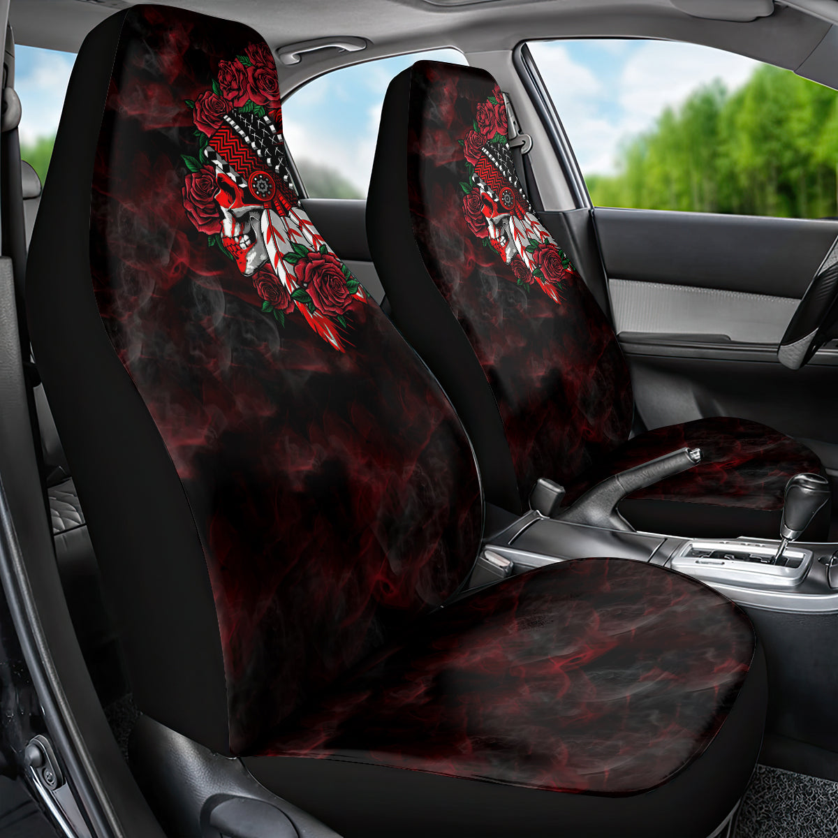 personalised-native-american-chief-skull-car-seat-cover-rose-skull