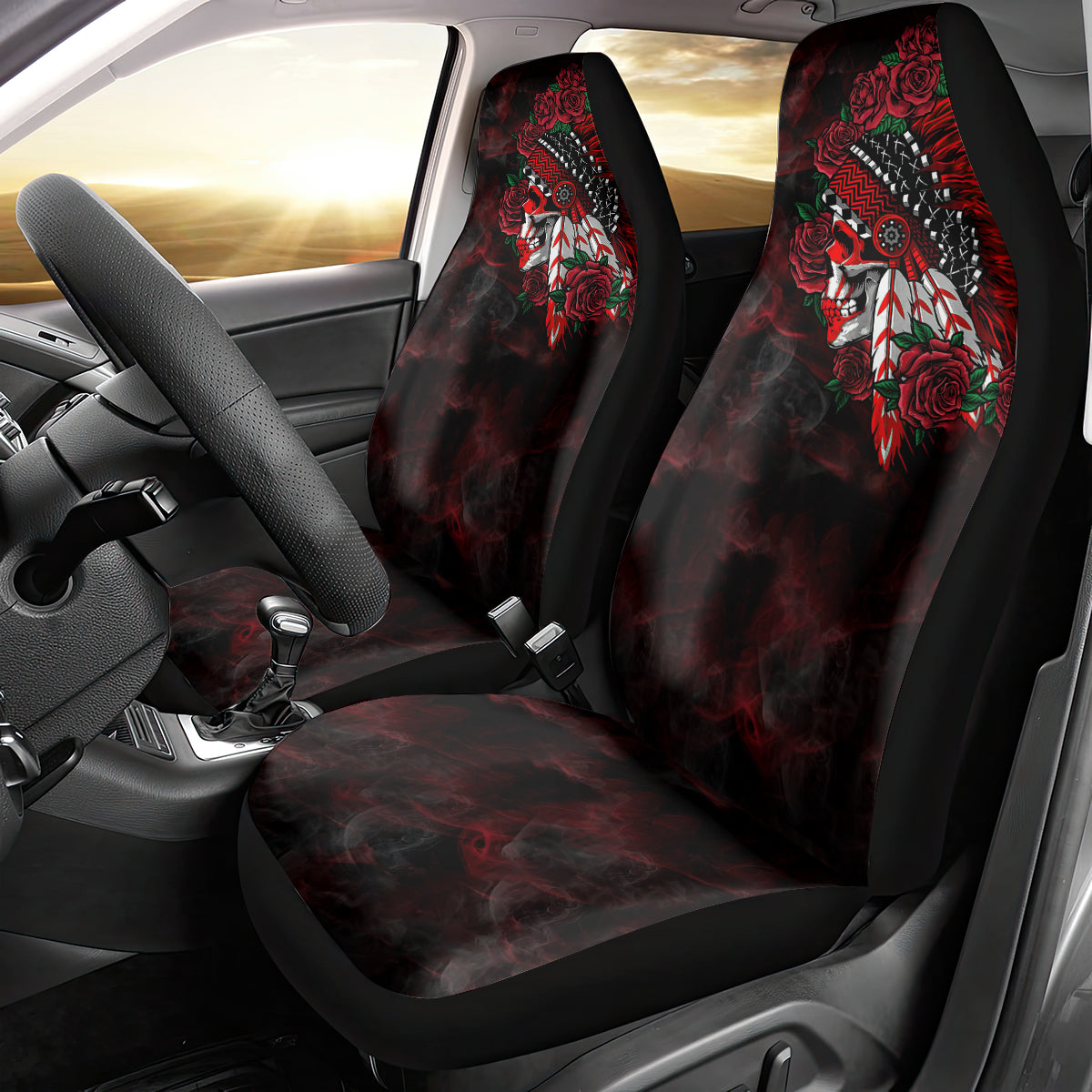personalised-native-american-chief-skull-car-seat-cover-rose-skull