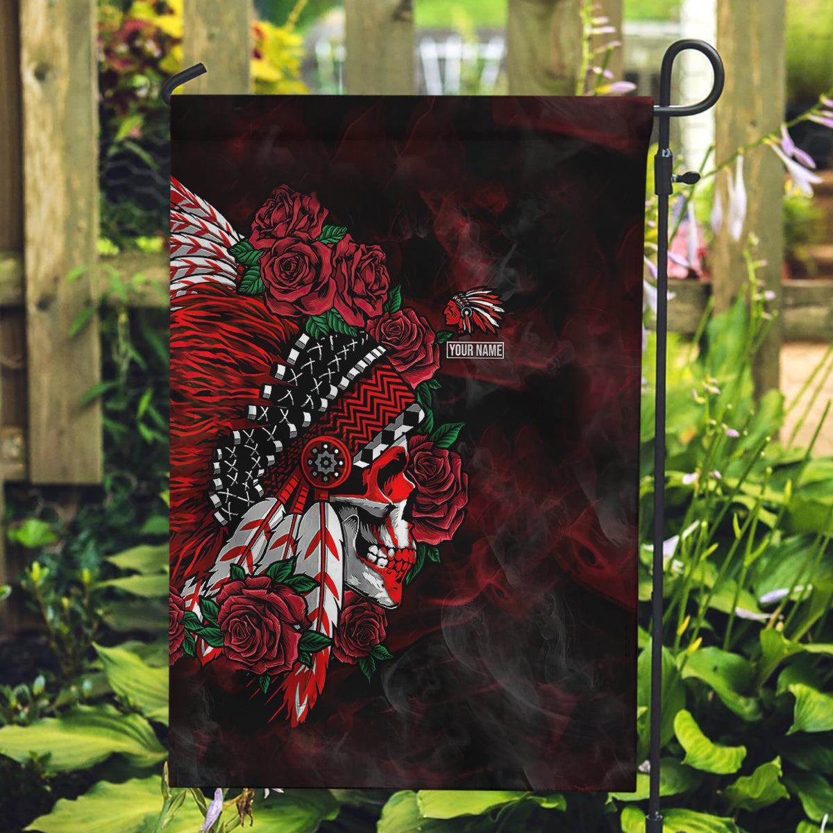 personalised-native-american-chief-skull-garden-flag-rose-skull