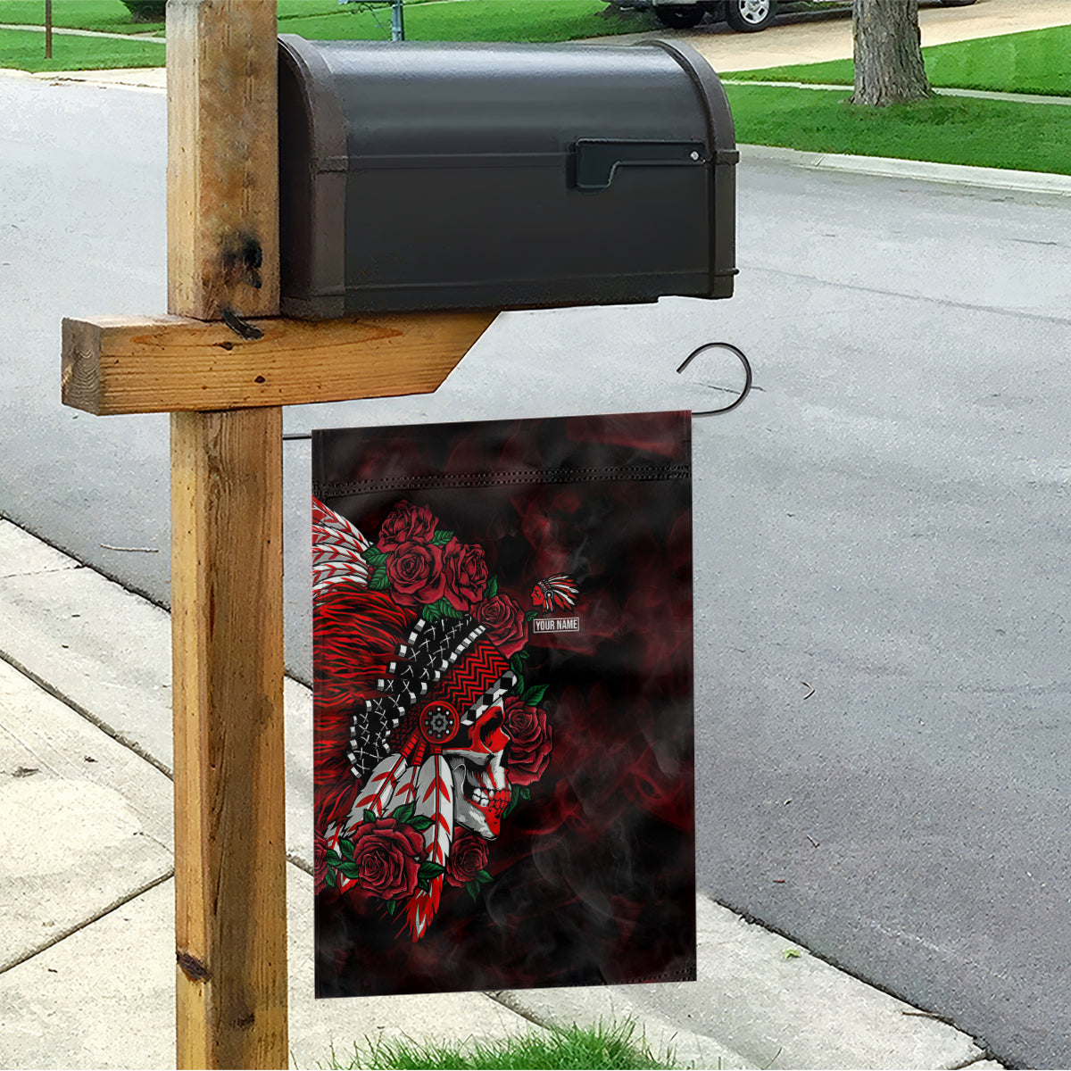 personalised-native-american-chief-skull-garden-flag-rose-skull