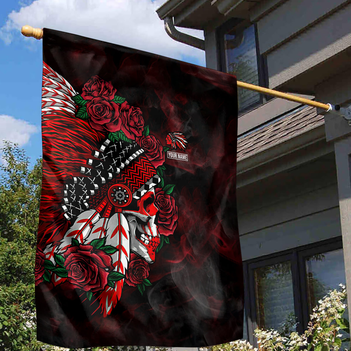 personalised-native-american-chief-skull-garden-flag-rose-skull
