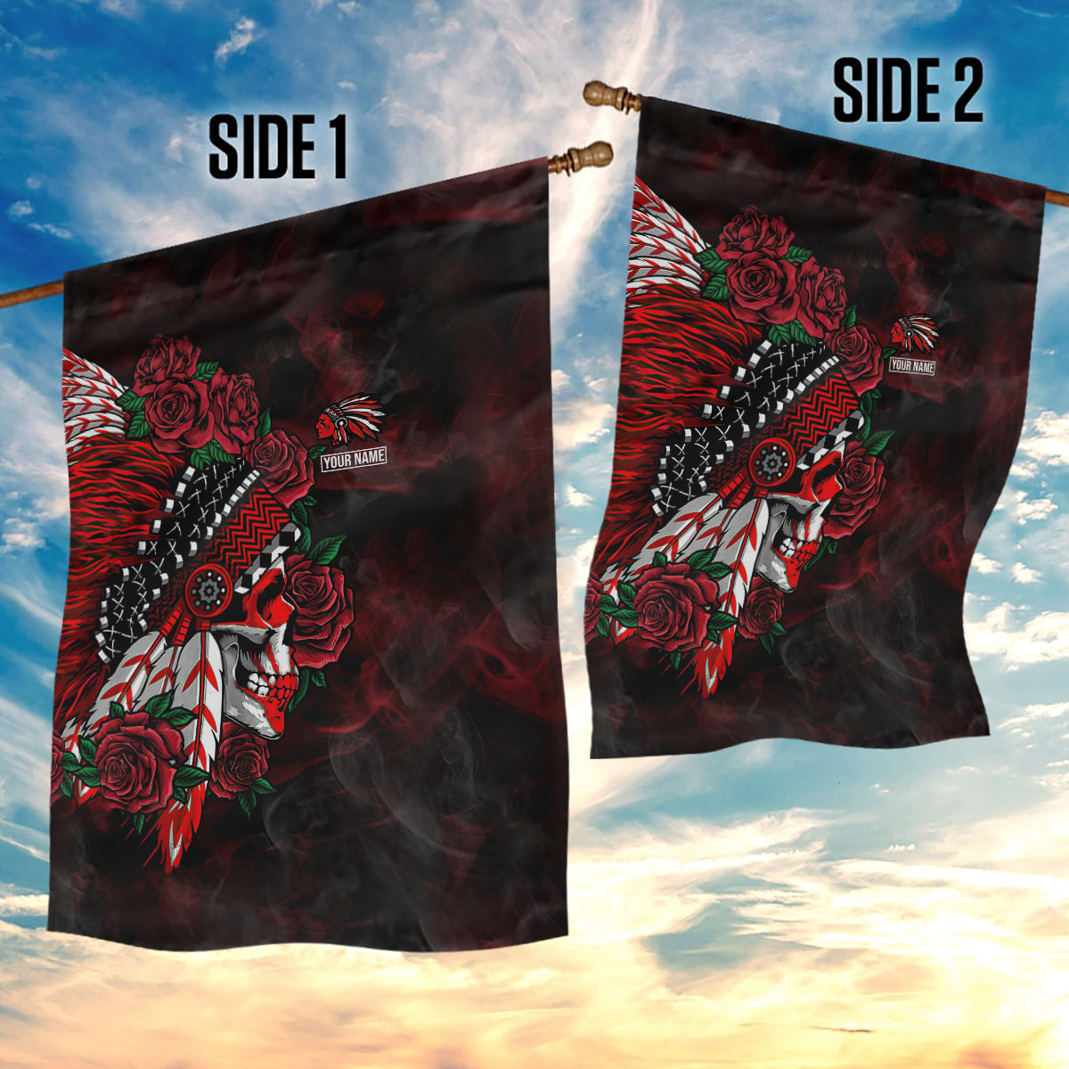 personalised-native-american-chief-skull-garden-flag-rose-skull