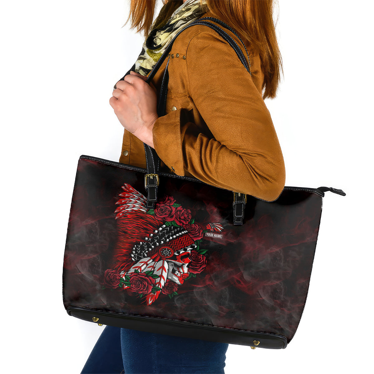 personalised-native-american-chief-skull-leather-tote-bag-rose-skull