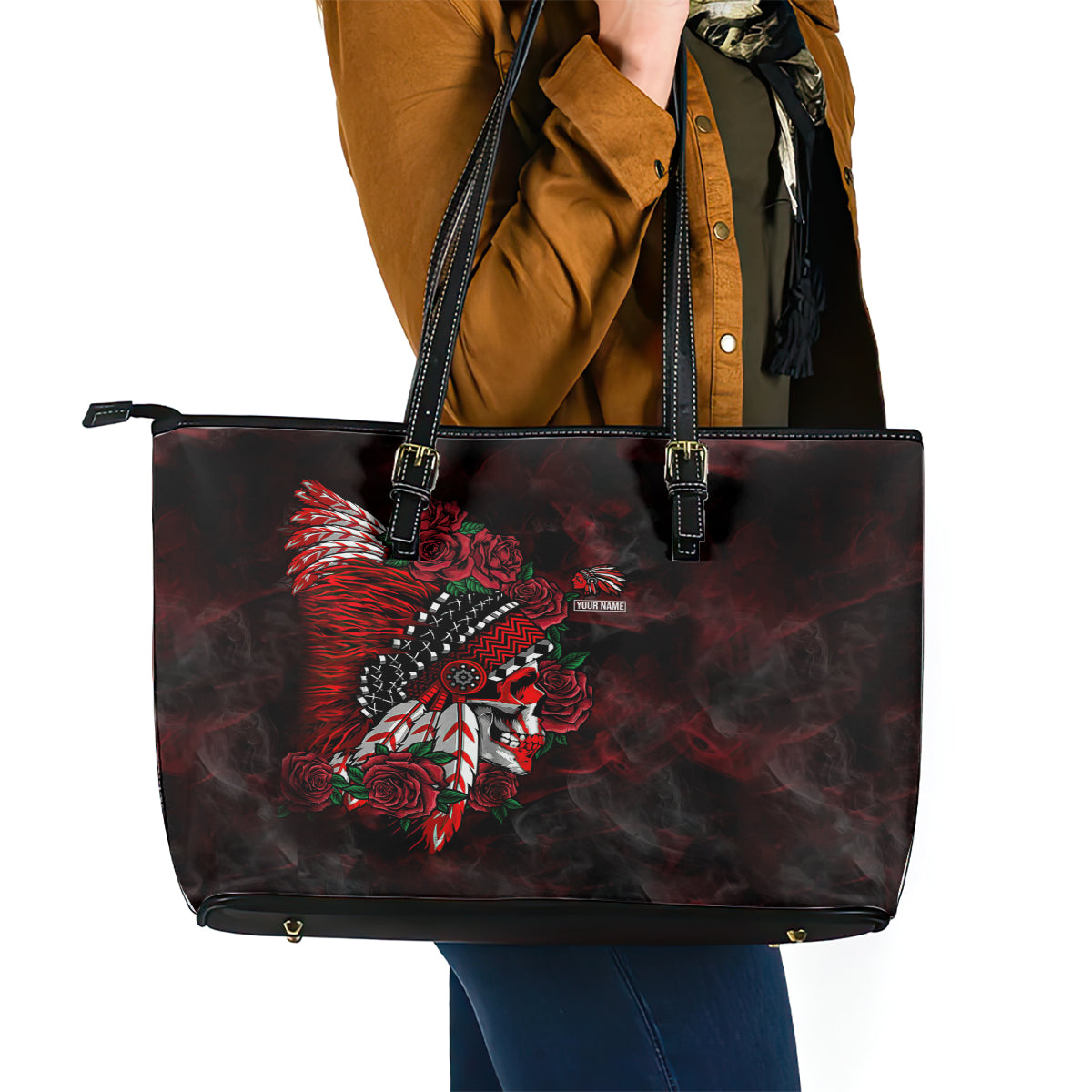 personalised-native-american-chief-skull-leather-tote-bag-rose-skull
