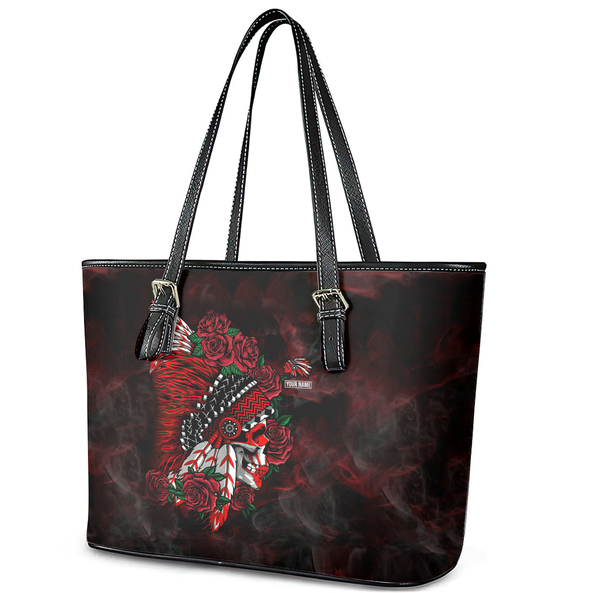 personalised-native-american-chief-skull-leather-tote-bag-rose-skull