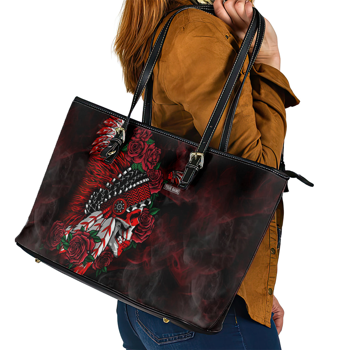 personalised-native-american-chief-skull-leather-tote-bag-rose-skull