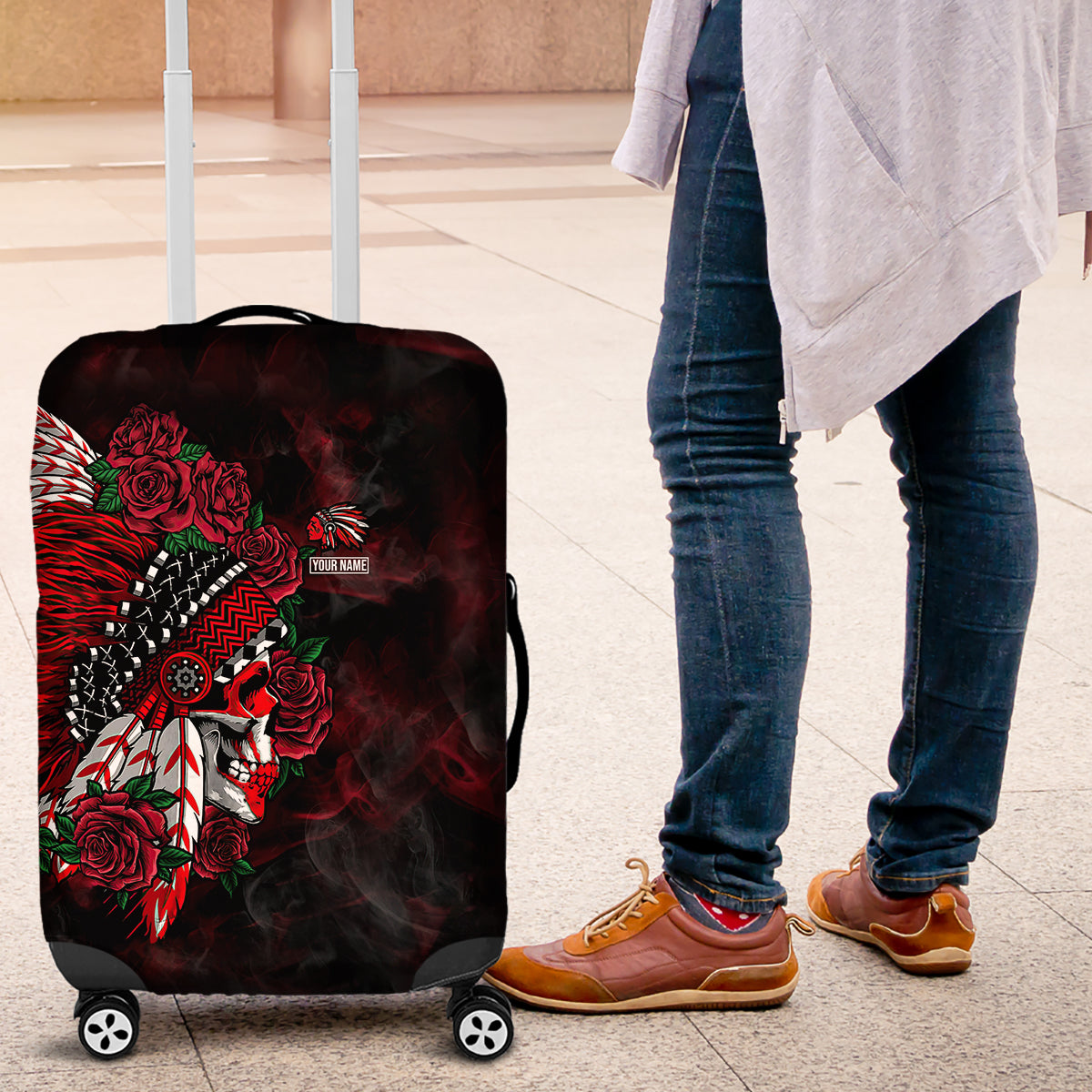 personalised-native-american-chief-skull-luggage-cover-rose-skull