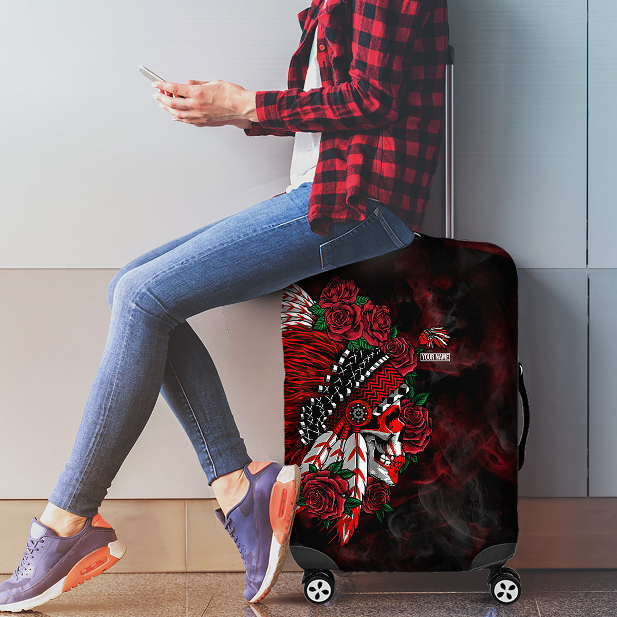 personalised-native-american-chief-skull-luggage-cover-rose-skull