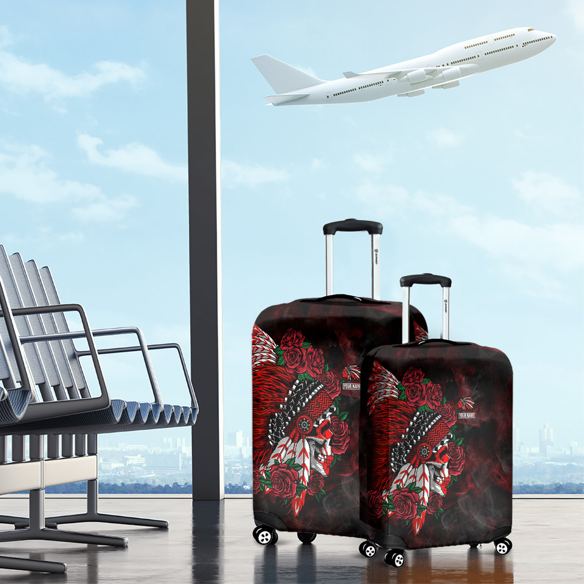personalised-native-american-chief-skull-luggage-cover-rose-skull