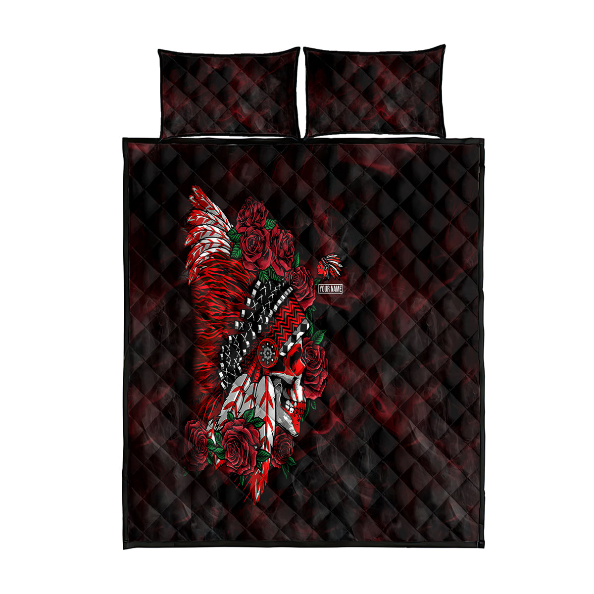 personalised-native-american-chief-skull-quilt-bed-set-rose-skull
