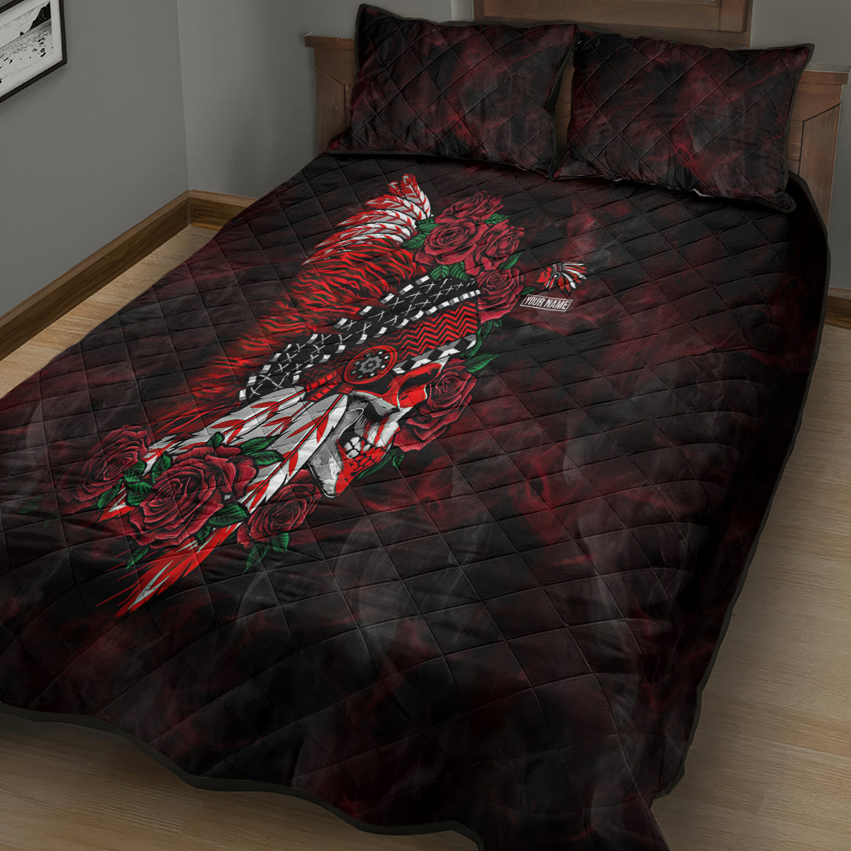 personalised-native-american-chief-skull-quilt-bed-set-rose-skull