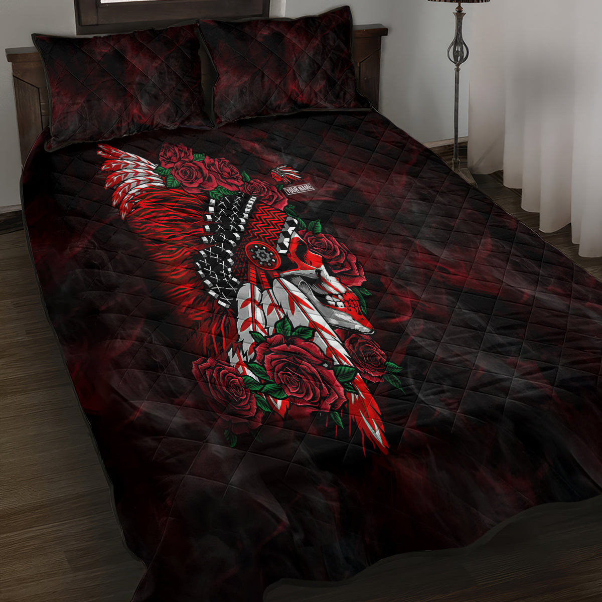 personalised-native-american-chief-skull-quilt-bed-set-rose-skull