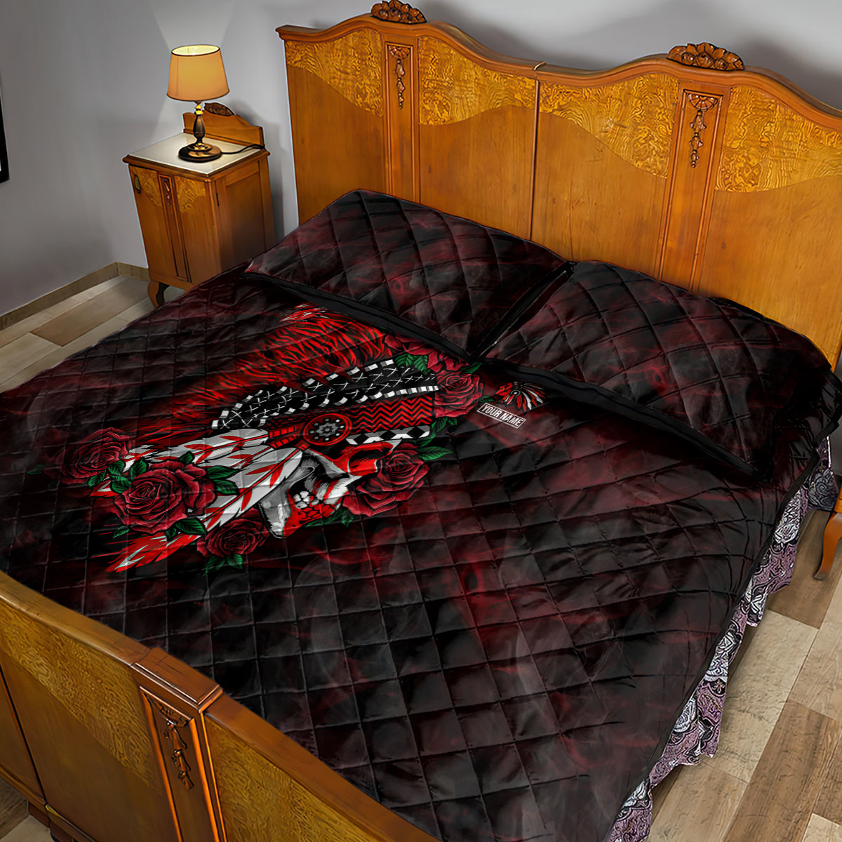personalised-native-american-chief-skull-quilt-bed-set-rose-skull