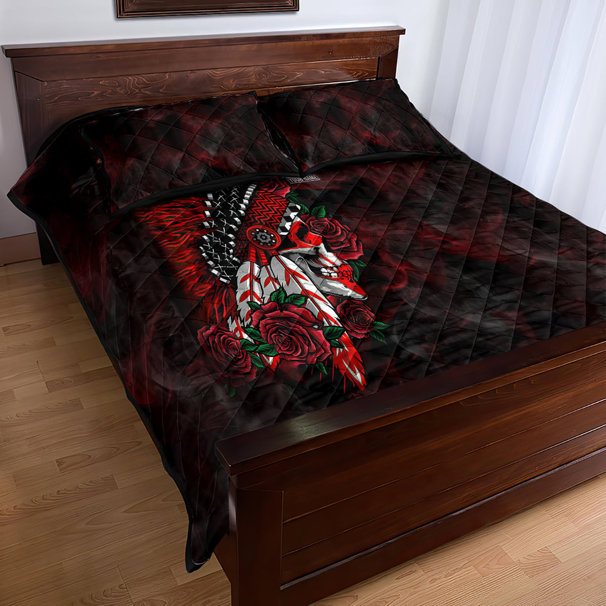 personalised-native-american-chief-skull-quilt-bed-set-rose-skull