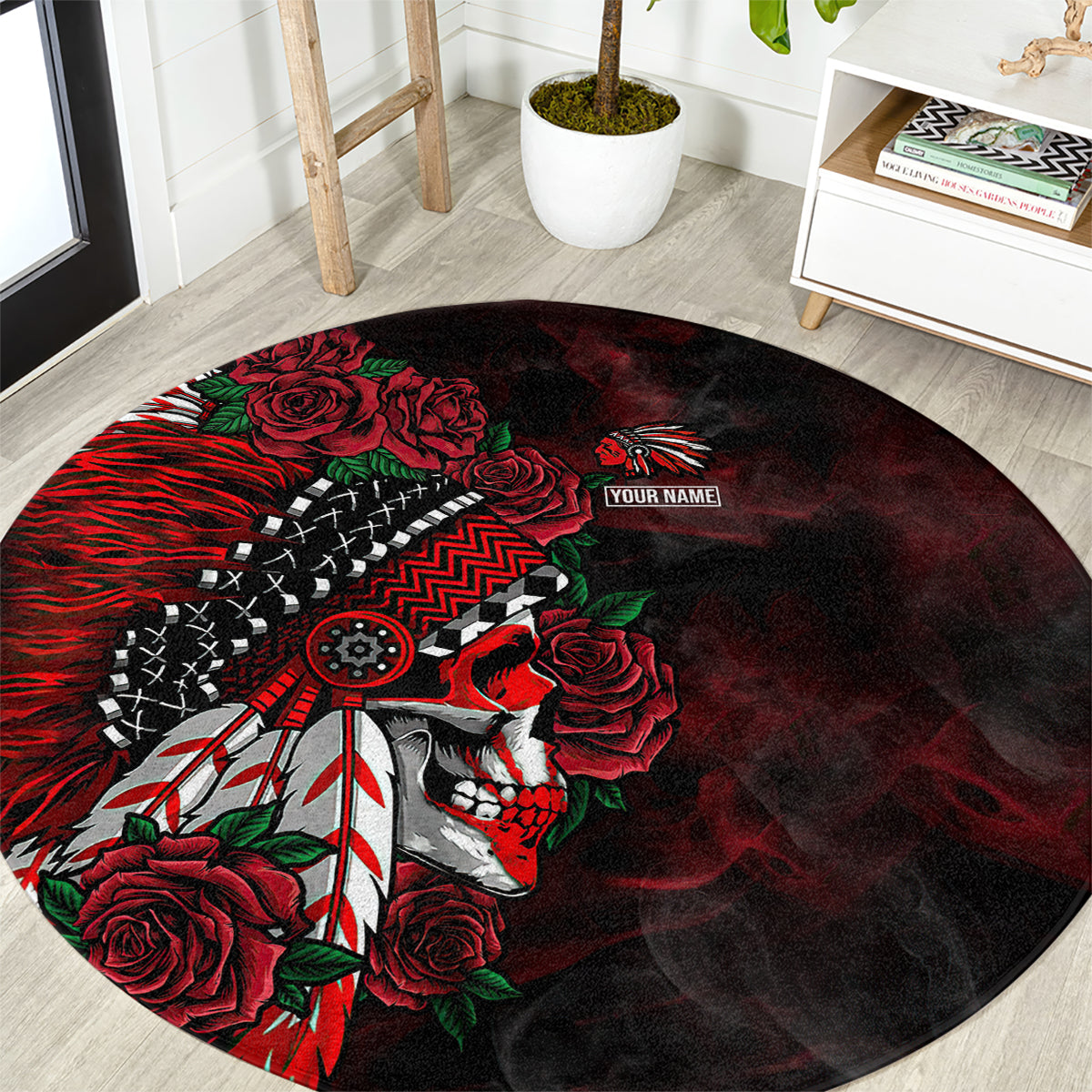 personalised-native-american-chief-skull-round-carpet-rose-skull