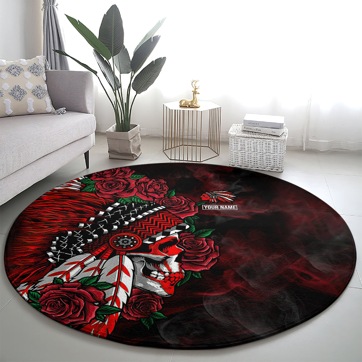 personalised-native-american-chief-skull-round-carpet-rose-skull
