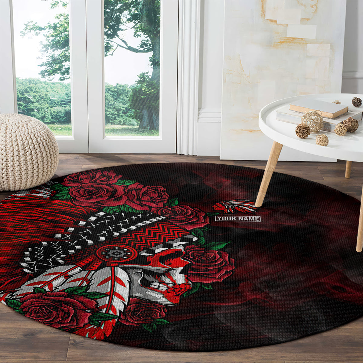 personalised-native-american-chief-skull-round-carpet-rose-skull