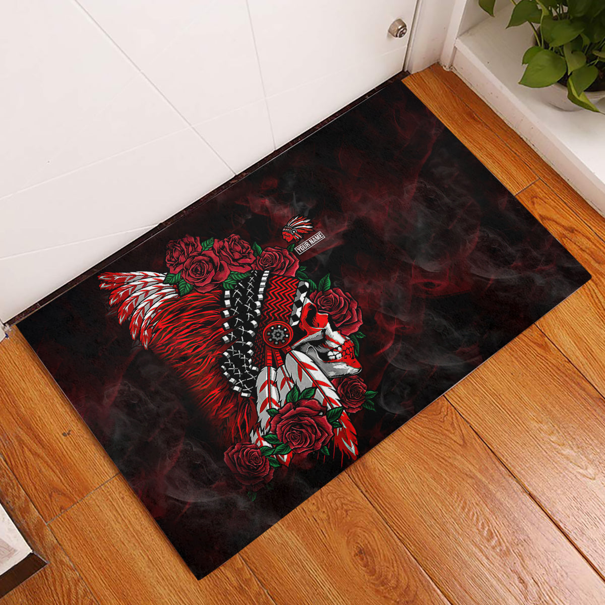 personalised-native-american-chief-skull-rubber-doormat-rose-skull