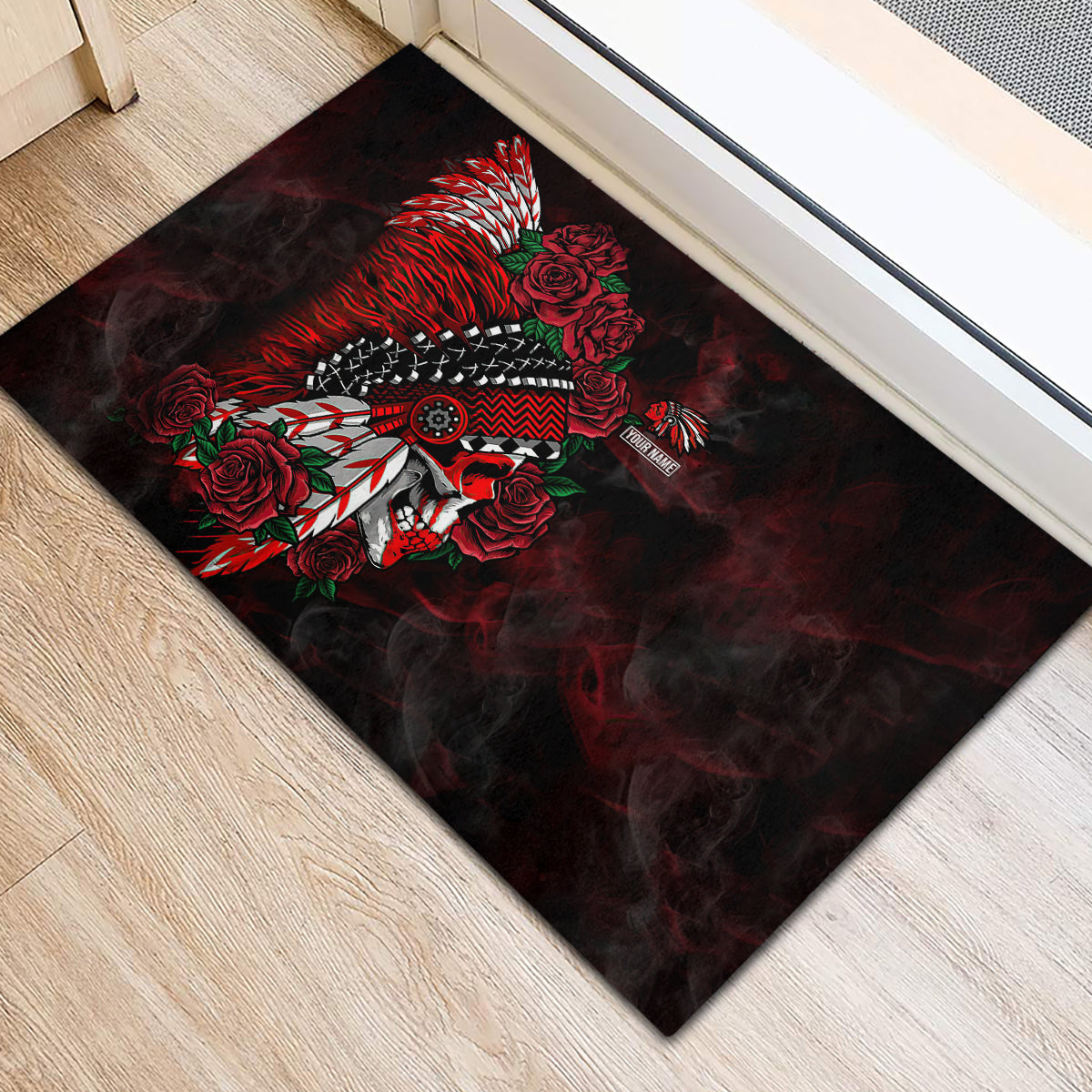 personalised-native-american-chief-skull-rubber-doormat-rose-skull