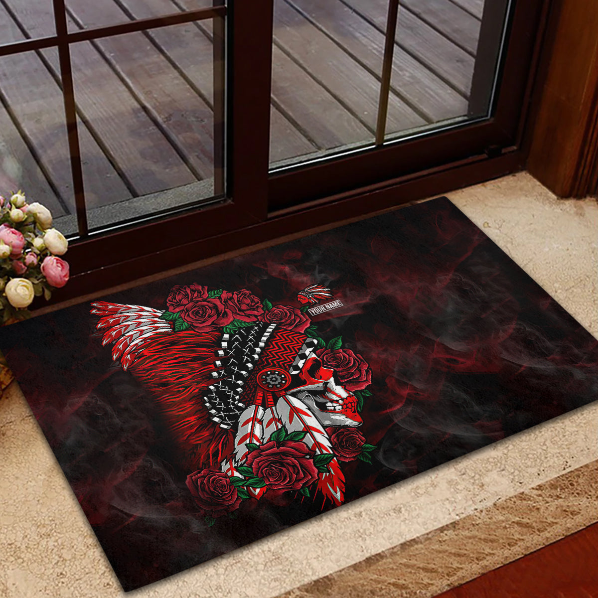 personalised-native-american-chief-skull-rubber-doormat-rose-skull