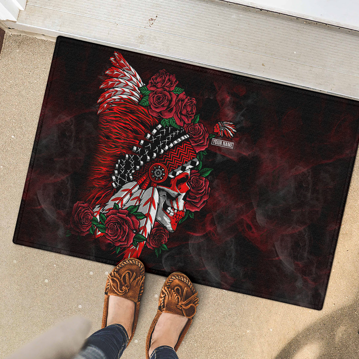 personalised-native-american-chief-skull-rubber-doormat-rose-skull