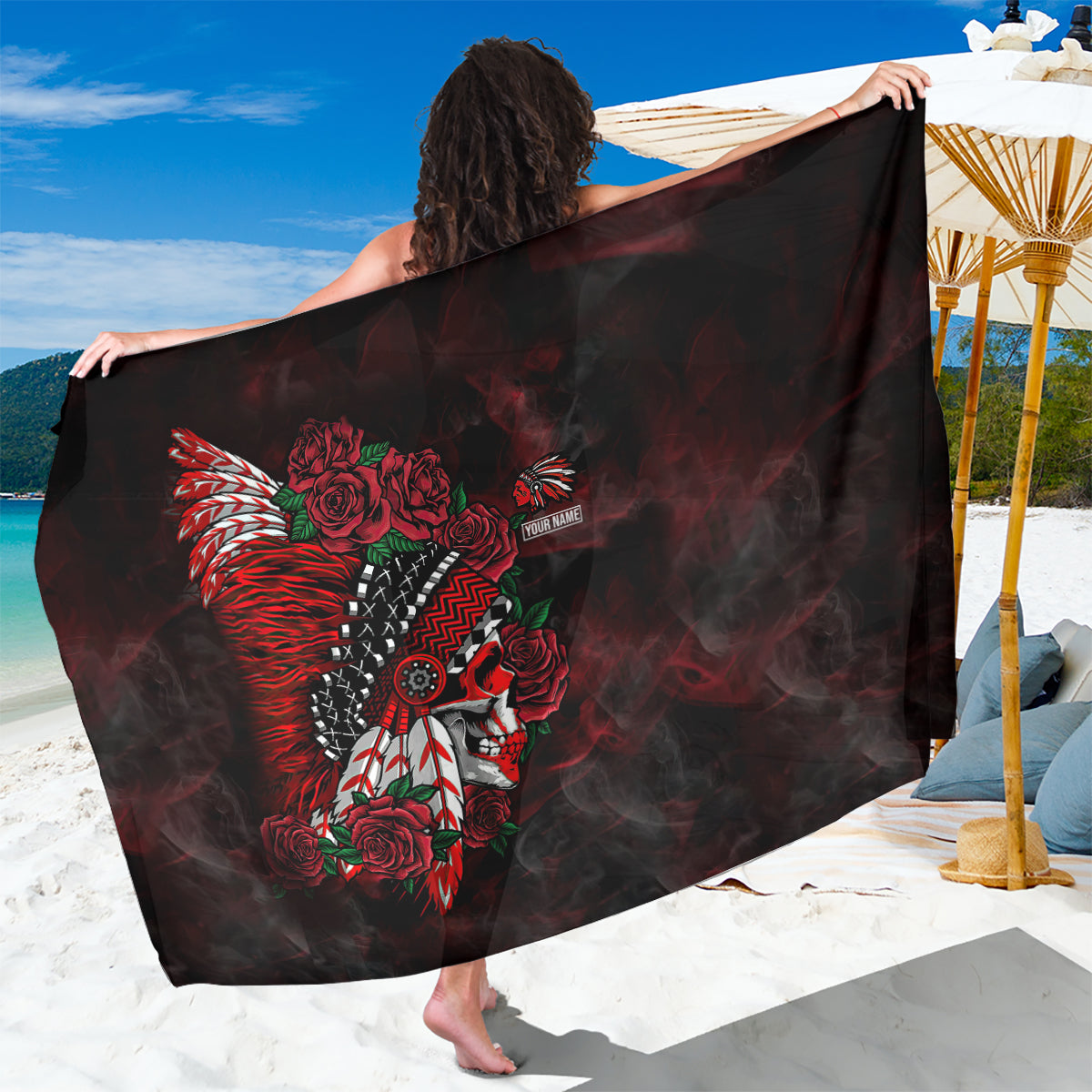 personalised-native-american-chief-skull-sarong-rose-skull