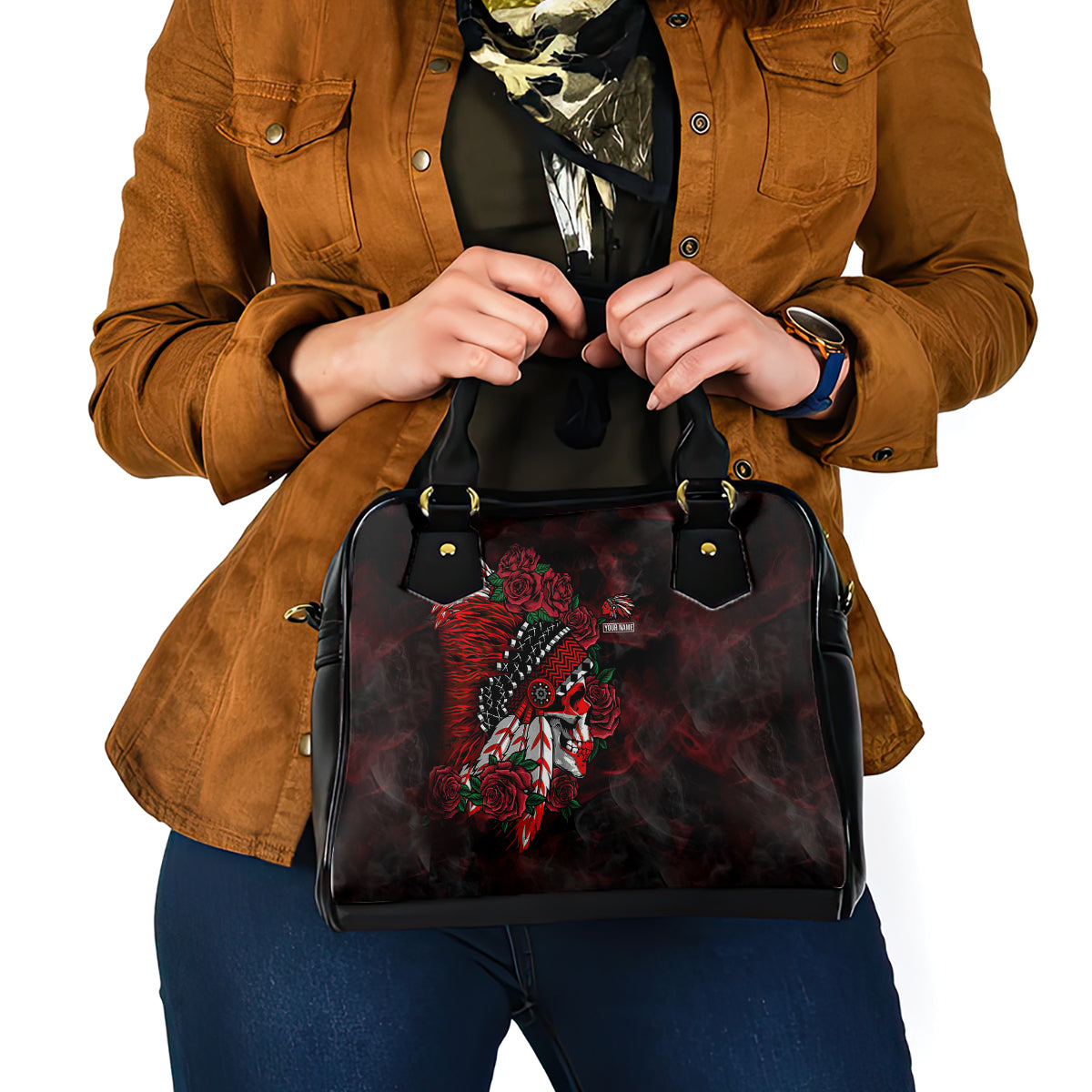 personalised-native-american-chief-skull-shoulder-handbag-rose-skull