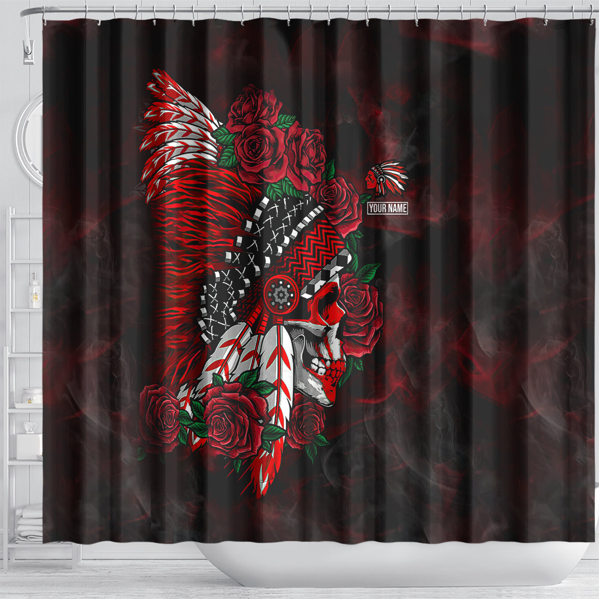 personalised-native-american-chief-skull-shower-curtain-rose-skull
